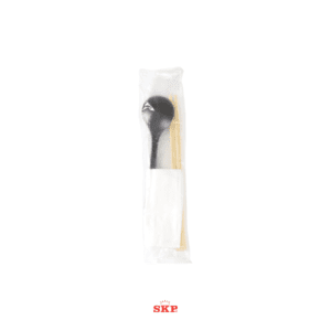 3-in-1 Cutlery Set (Wooden Chopsticks + 6" Black Plastic Spoon + Napkin)
